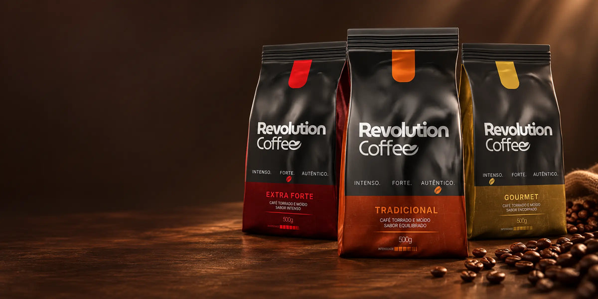 Embalagens Revolution Coffee Extra Forte, Tradicional e Gourmet, sobre uma mesa de madeira